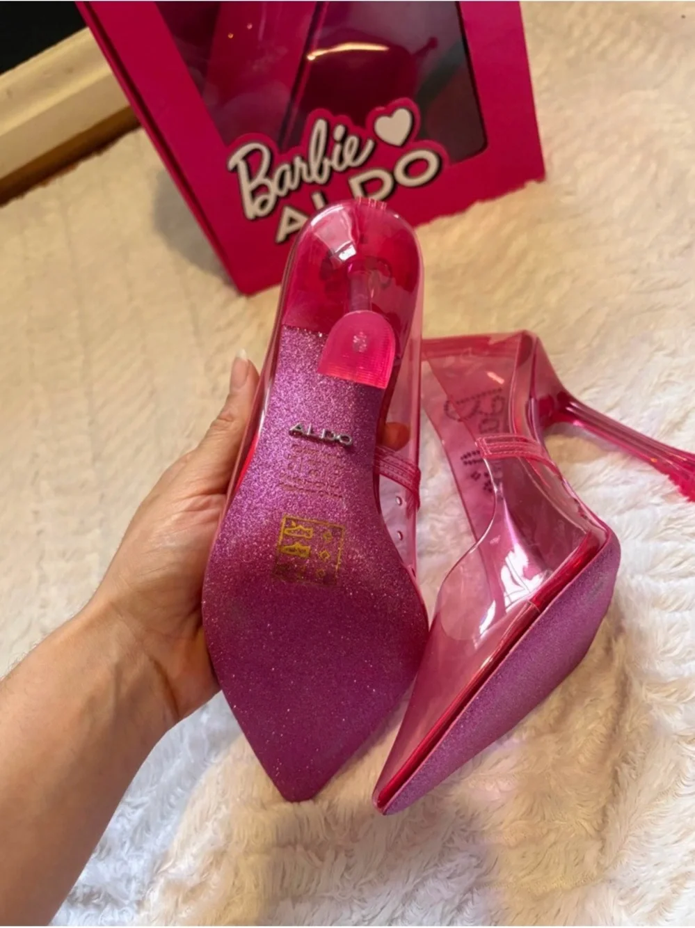 Barbie Hot Pink Clear Pointed Stiletto Heels with Rhinestone Detail - Picture 3 of 3